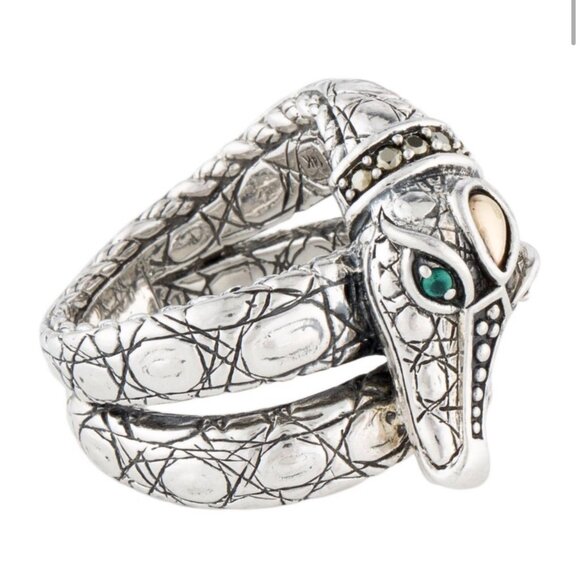 JOHN HARDY STERLING SILVER DYED CHALCEDONY & PYRITE CROCODILE JAI COCKTAIL RING - Picture 1 of 13